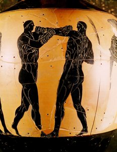 Amphore panathénaïque à figures noires représentant un combat de boxe, vers 336 av. J.-C. (poterie) - Greek